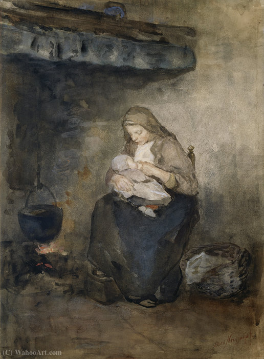 Mother Nursing Her Child By The Fireplace — Albert Neuhuys