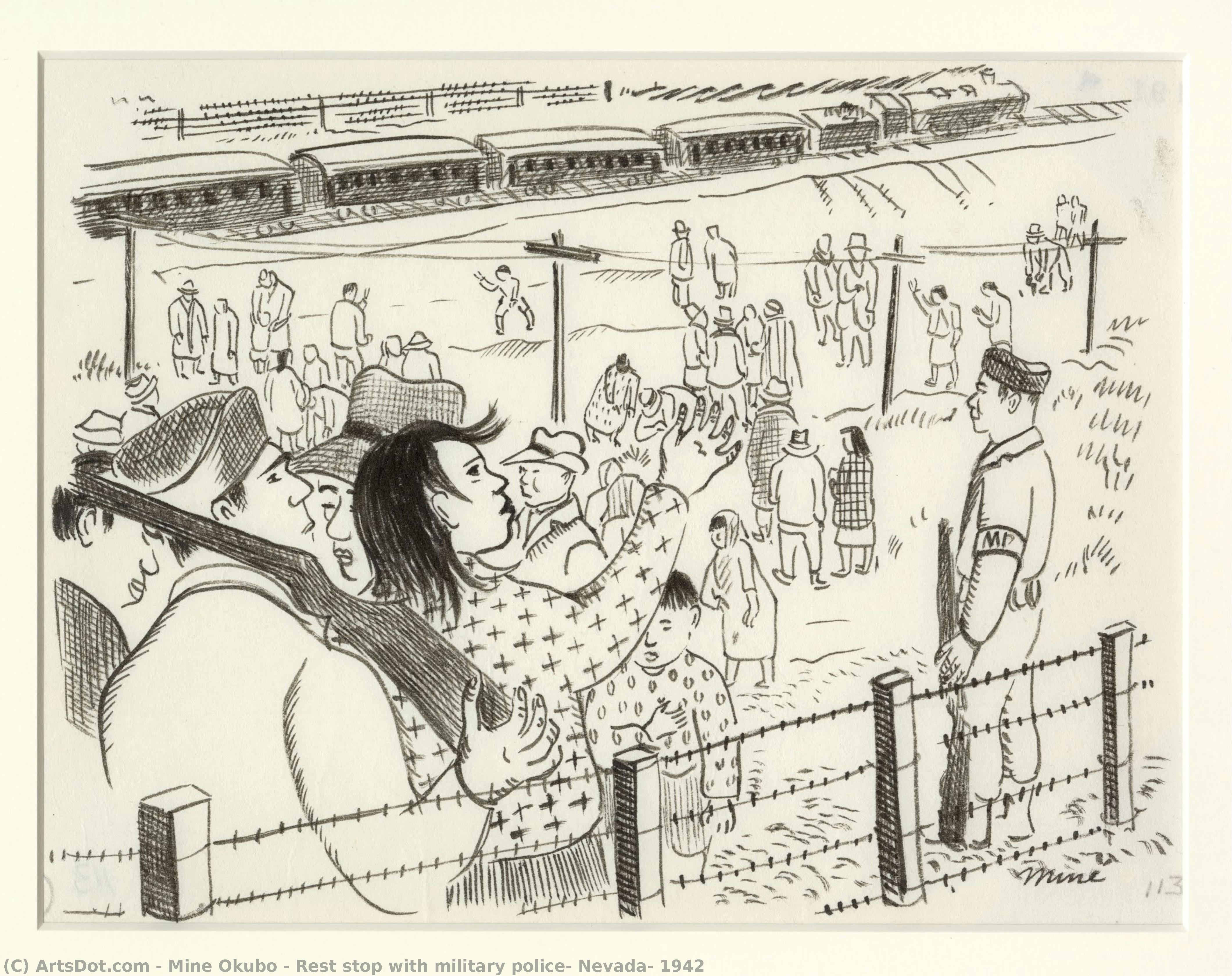 Rest Stop With Military Police, Nevada, 1942 — Miné Okubo