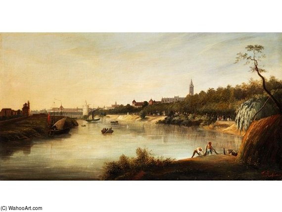 Vedute Einer Englischen Stadt An Einem Flussflauf — Thomas Sewell Robins