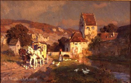 A Horse And Carriage By A River — Wilhelm Velten