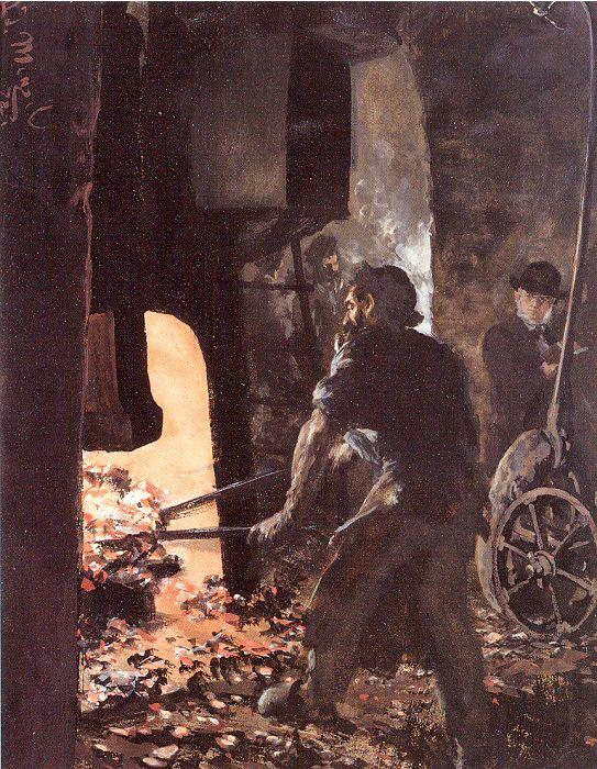 Self-portrait With Worker Near The Steam-hammer — Adolph Von Menzel