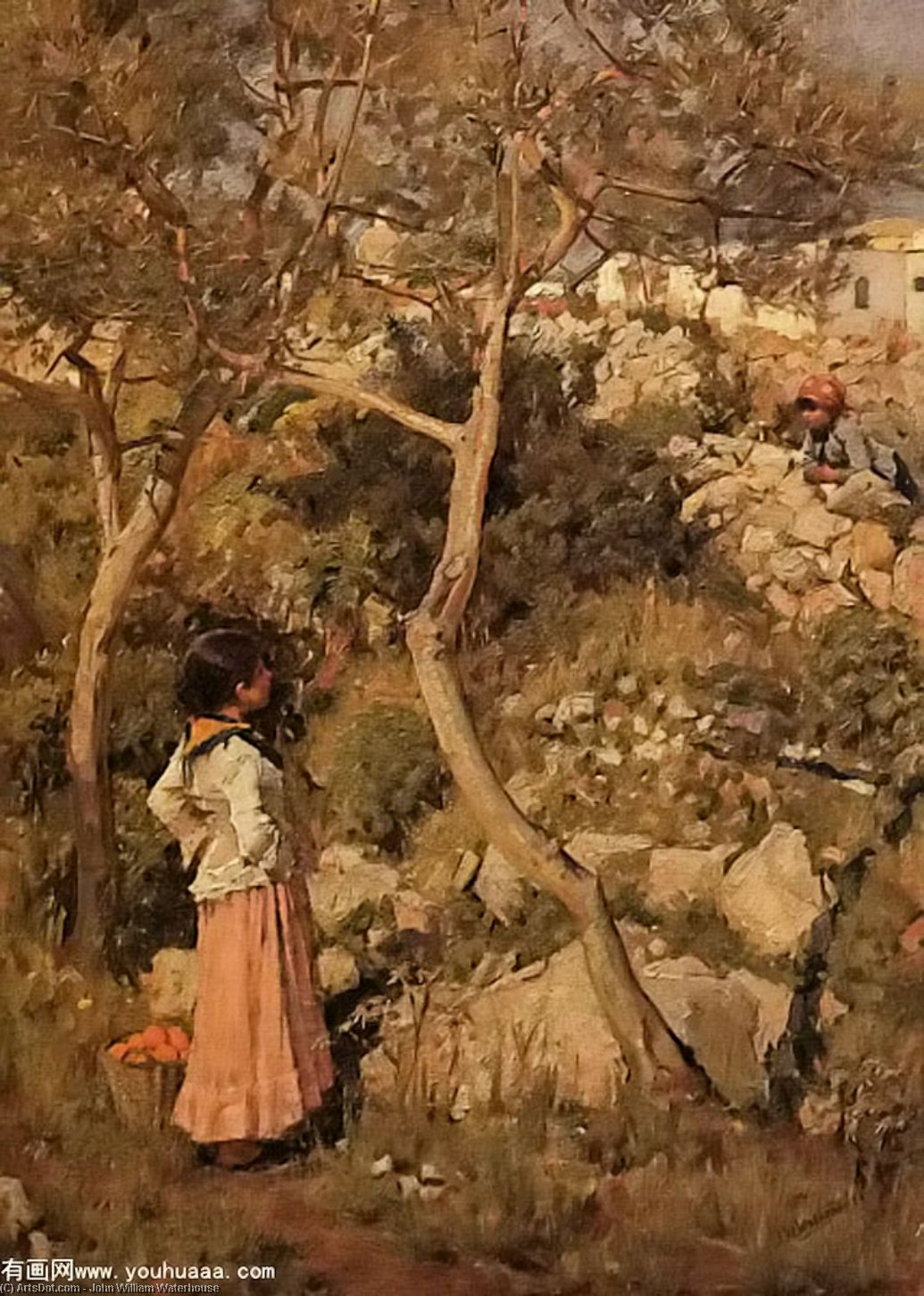 Two Little Italian Girls By A Village — John William Waterhouse