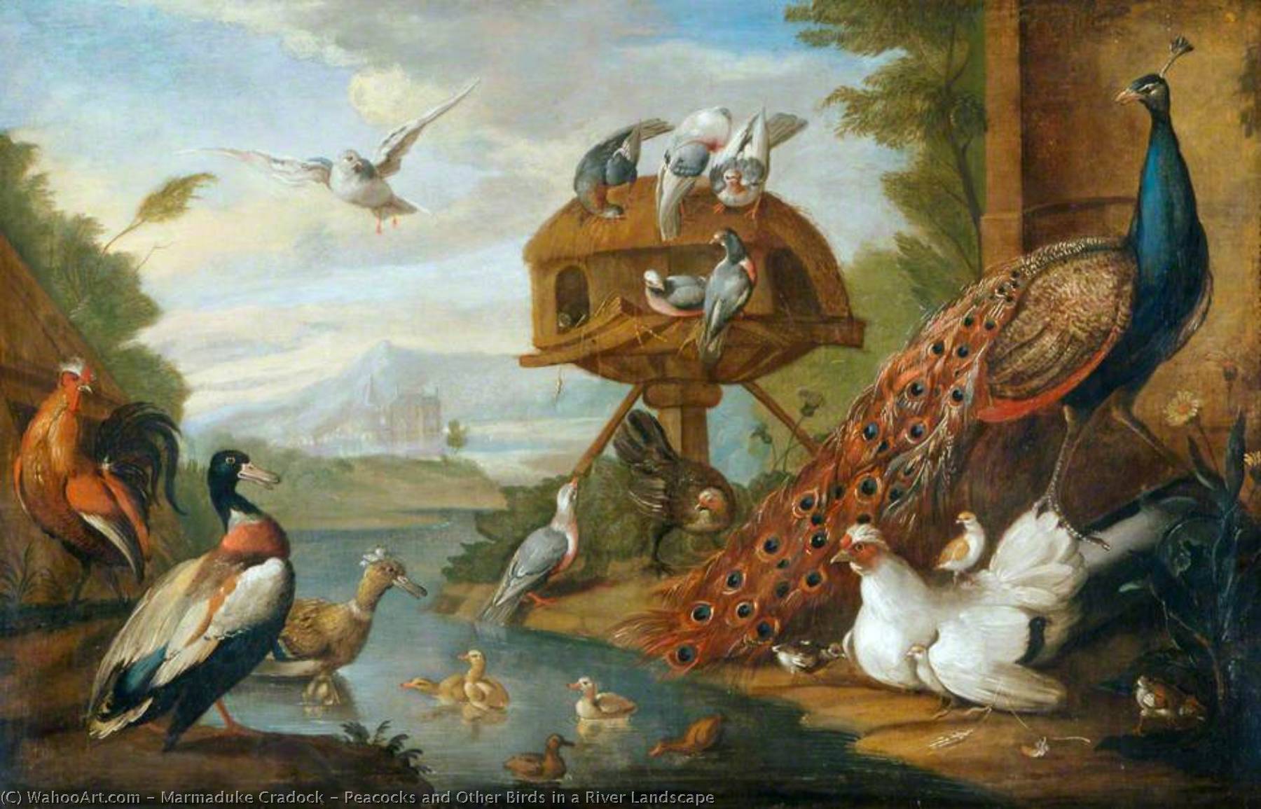 Peacocks And Other Birds In A River Landscape — Marmaduke Cradock
