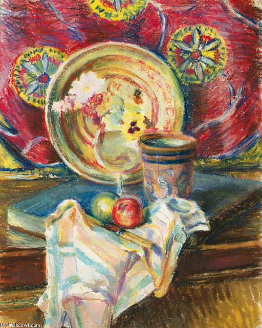Still Life With A Plate, Small Vase, Apples And A Glass — Duncan Grant
