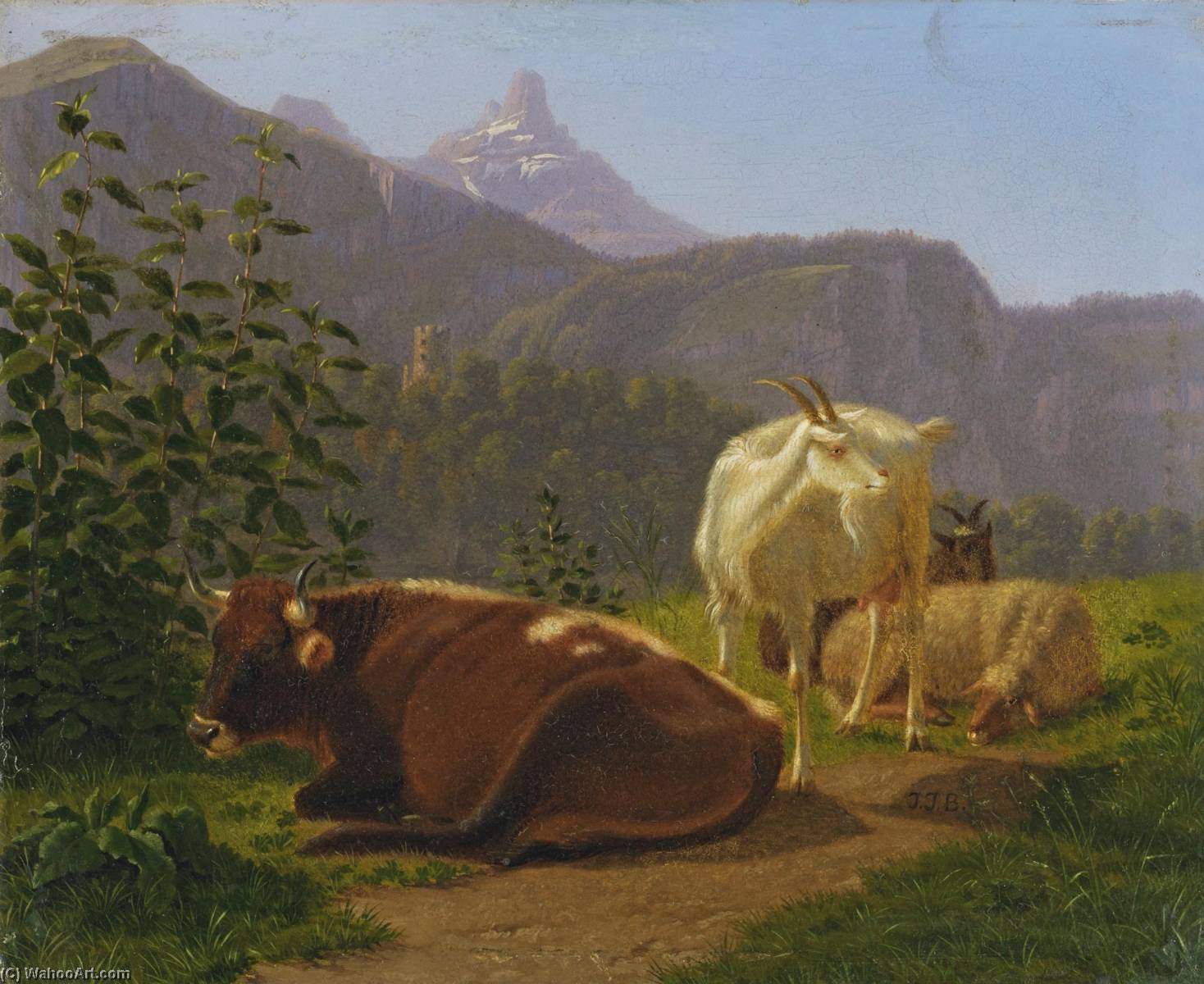 Tiere Vor Berglandschaft — Johann Jakob Biedermann