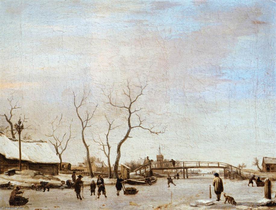 Frozen Canal With Skaters And Hockey Players — Adriaen Van De Velde