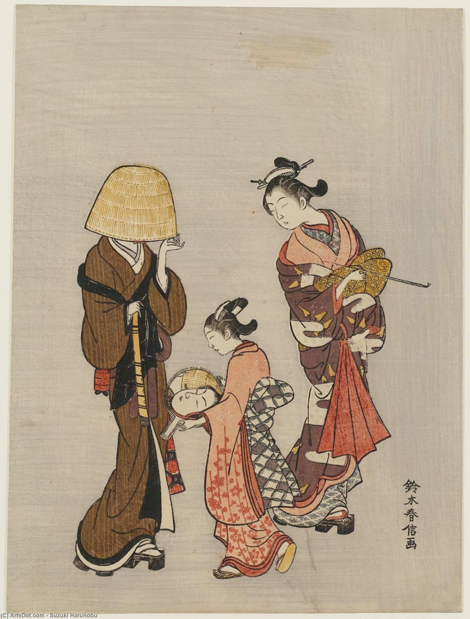 Courtesan And Kamuro Looking At The Face Of A Komusô Reflected In A Mirror — Suzuki Harunobu