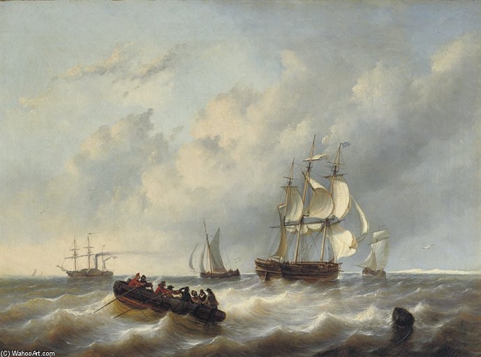 A Three-master And A Paddlesteamer On A Choppy Sea — George Willem Opdenhoff