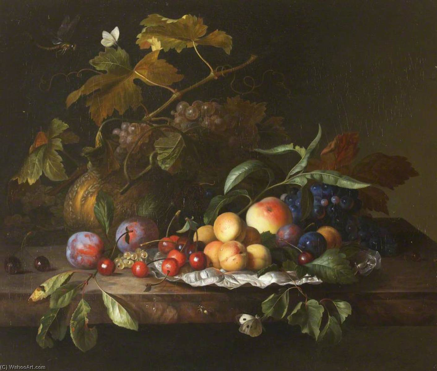 A Melon, Grapes, Apples, Peaches, Plums, Apricots, Cherries, And Insects On A Ledge — Jakab Bogdány