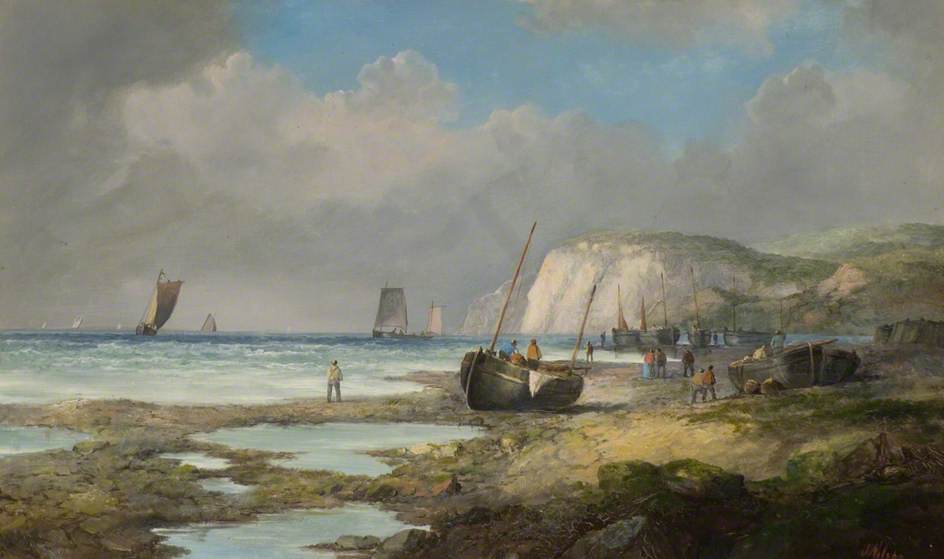 Seascape With Fishing Boats And A House — John James Wilson Ii