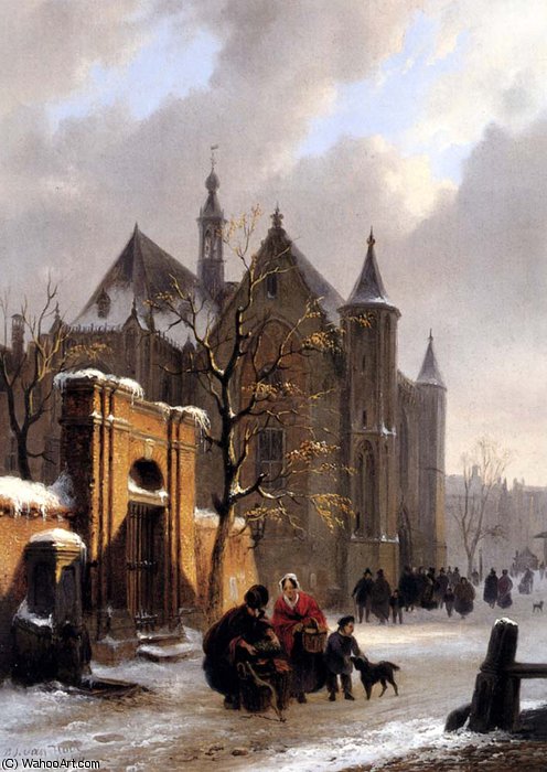 A Capricio View With Figures Leaving A Church In Winter — Bartholomeus Johannes Van Hove