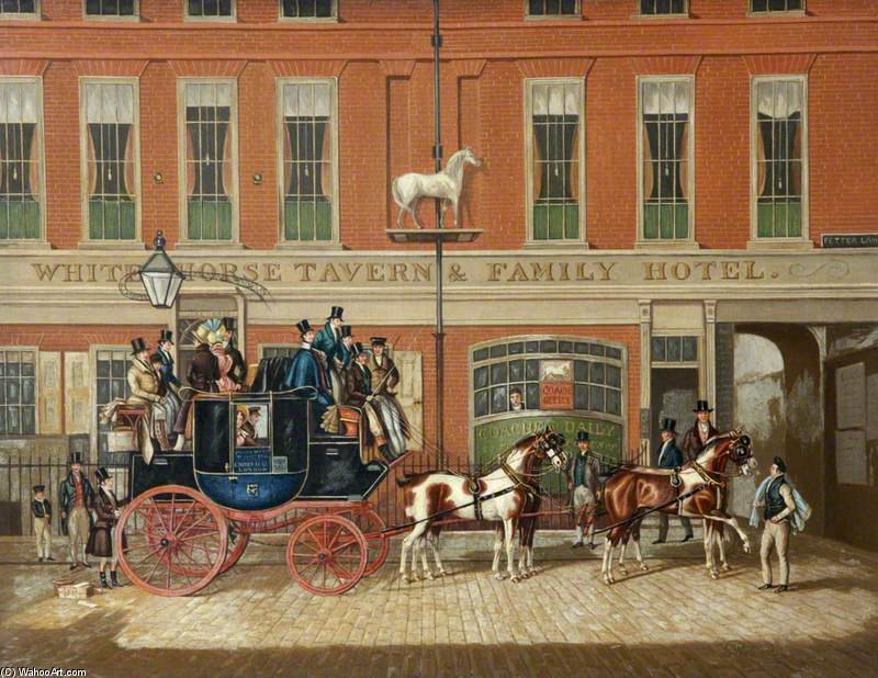 The Cambridge Telegraph Coach At The White Horse Tavern ^ Family Hotel, Fetter Lane, London — James Pollard