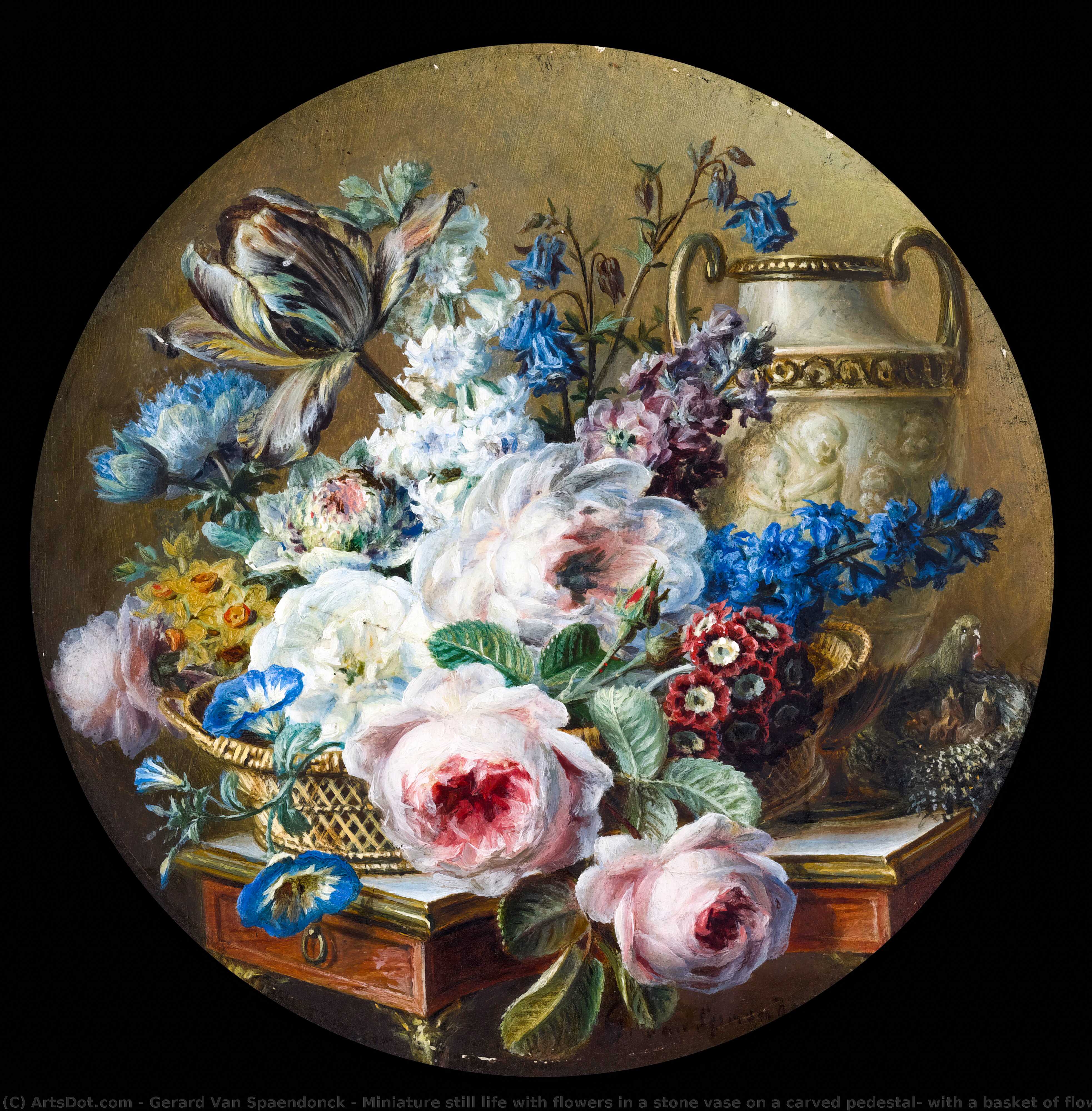 Miniature Still Life With Flowers In A Stone Vase On A Carved Pedestal, With A Basket Of Flowers And A Nest — Gerard Van Spaendonck