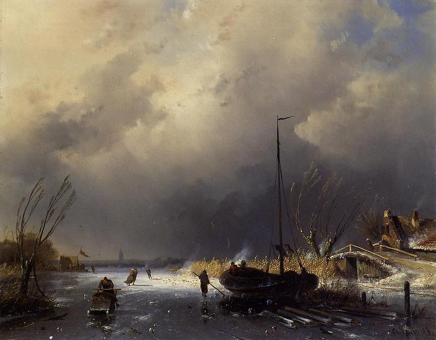 A Winter Landscape With Skaters — Charles Henri Joseph Leickert