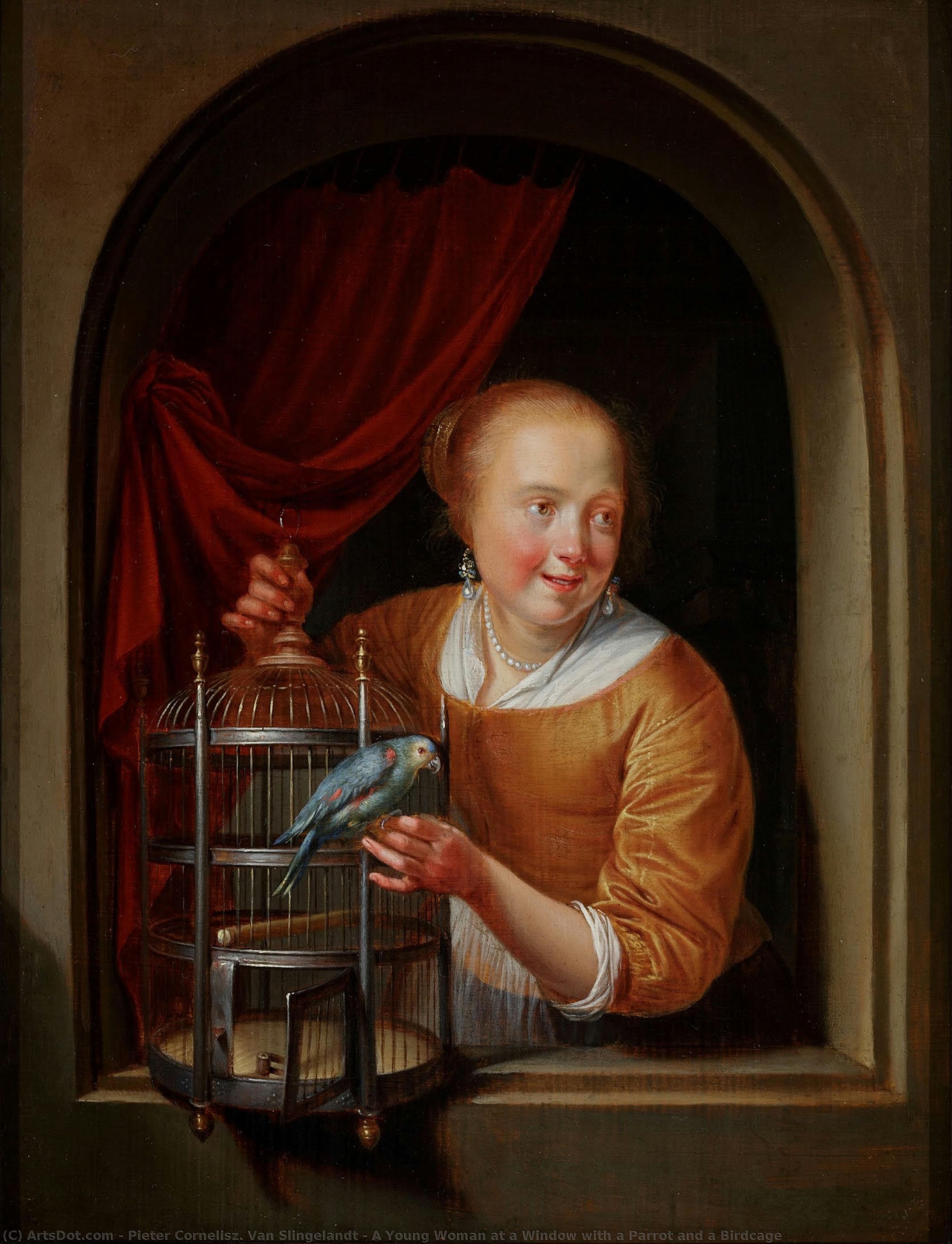 A Young Woman At A Window With A Parrot And A Birdcage — Pieter Cornelisz. Van Slingelandt