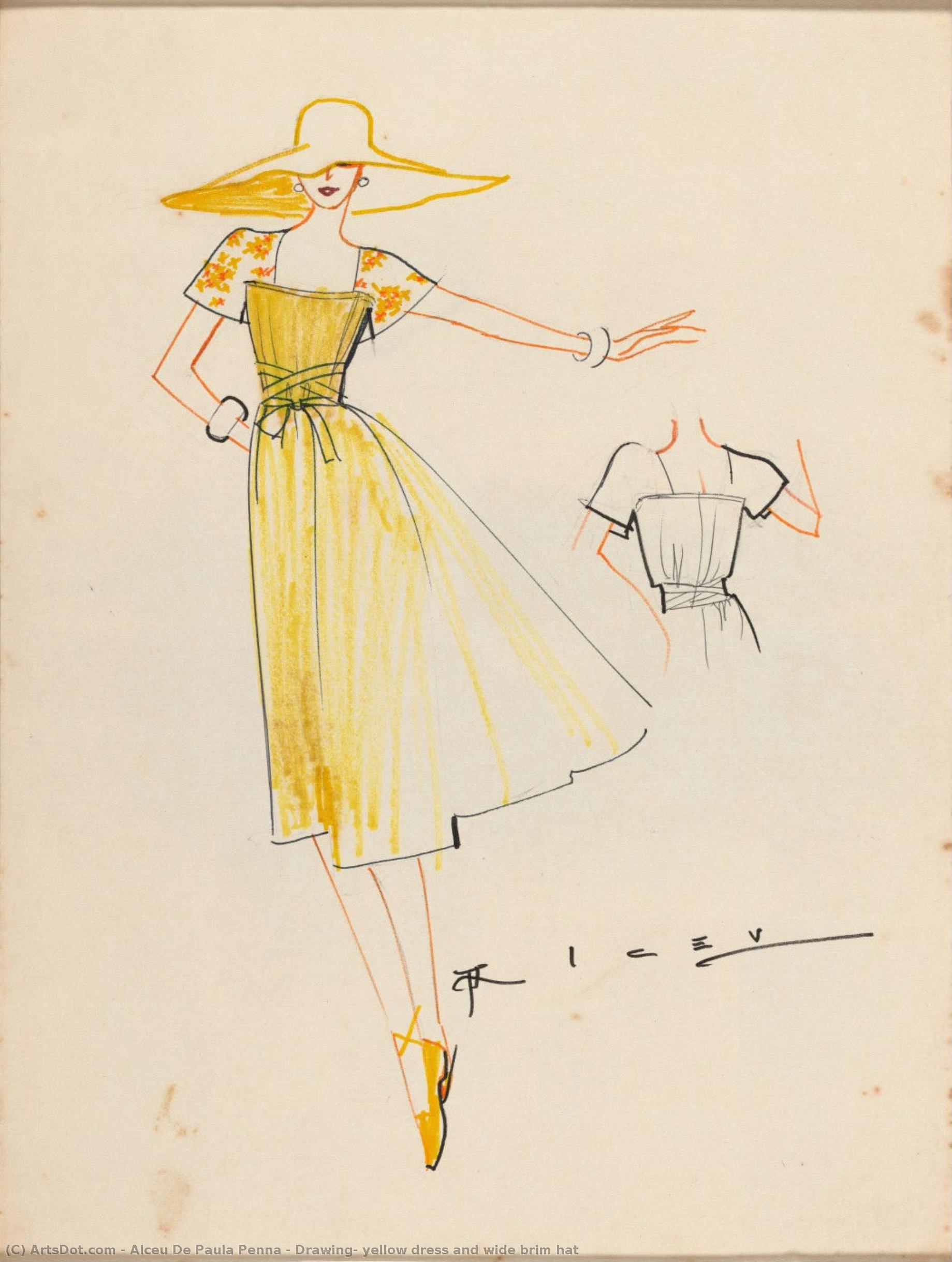 Drawing, Yellow Dress And Wide Brim Hat — Alceu De Paula Penna