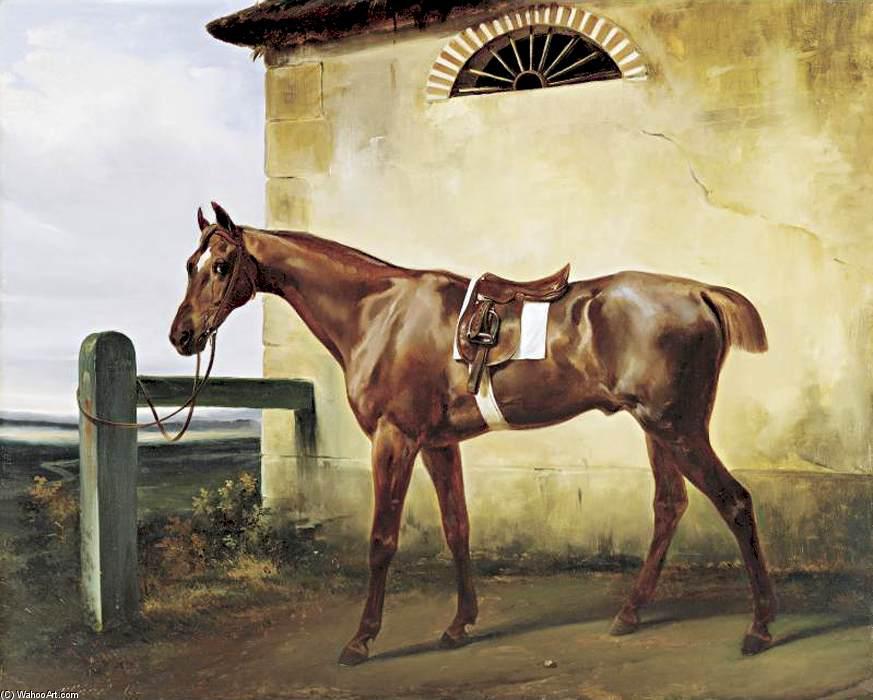 A Saddled Race Horse Tied To A Fence — Emile Jean Horace Vernet