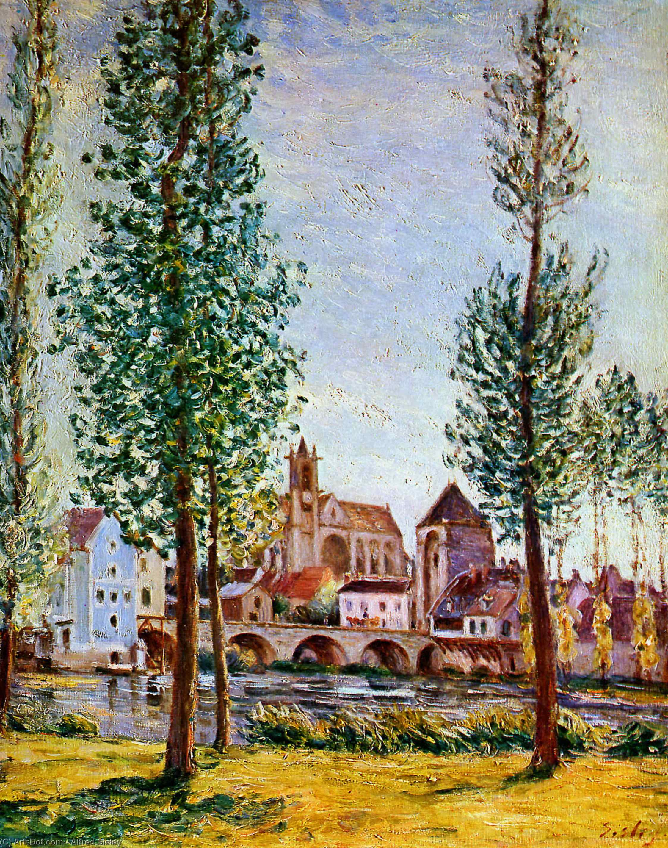 Moret Sur Loing Bridge Church And Mill Sun — Alfred Sisley