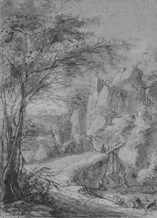 A Rocky Landscape With Figures Crossing A Bridge — Antonie Waterloo