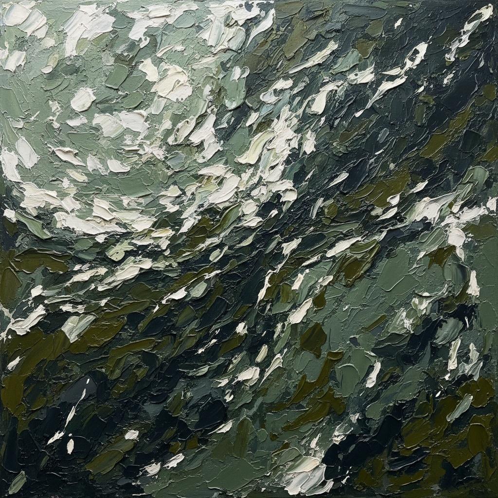 Fragmented Shadows In Sage And Charcoal: A Monumental Study Of Kinetic Motion — Christian Noiret