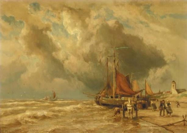 Beached Bomschuiten On The Coast Of Katwijk Aan Zee — Johannes Hermann Barend Koekkoek