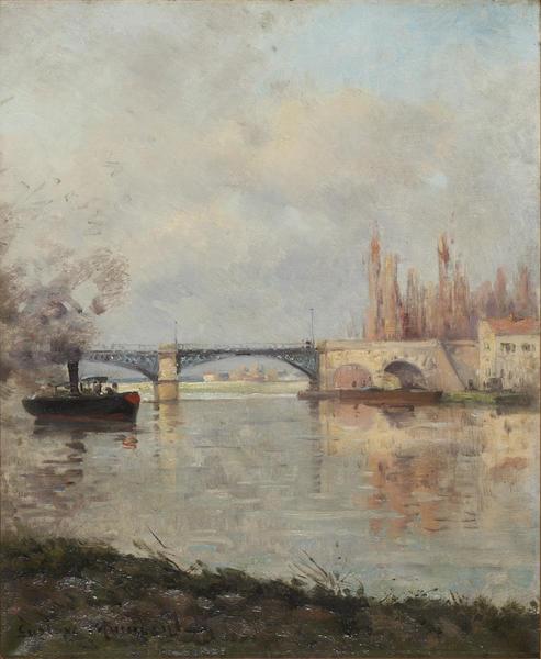 Le Pont De Chatou, Un Remorqueur Vue Depuis L'ile Sur Rueil Malmaison — Gustave Maincent