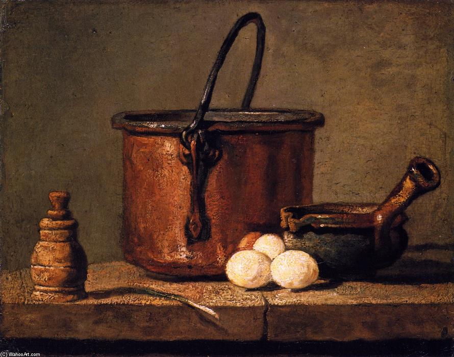 Tinned Copper Pot, Pepper Box, Leek, Three Eggs And A Casserole — Jean-baptiste-siméon Chardin