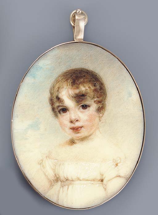 A Young Girl, Facing Right In White Dress, Brown Curling Hair; Sky And Cloud Background — George Chinnery