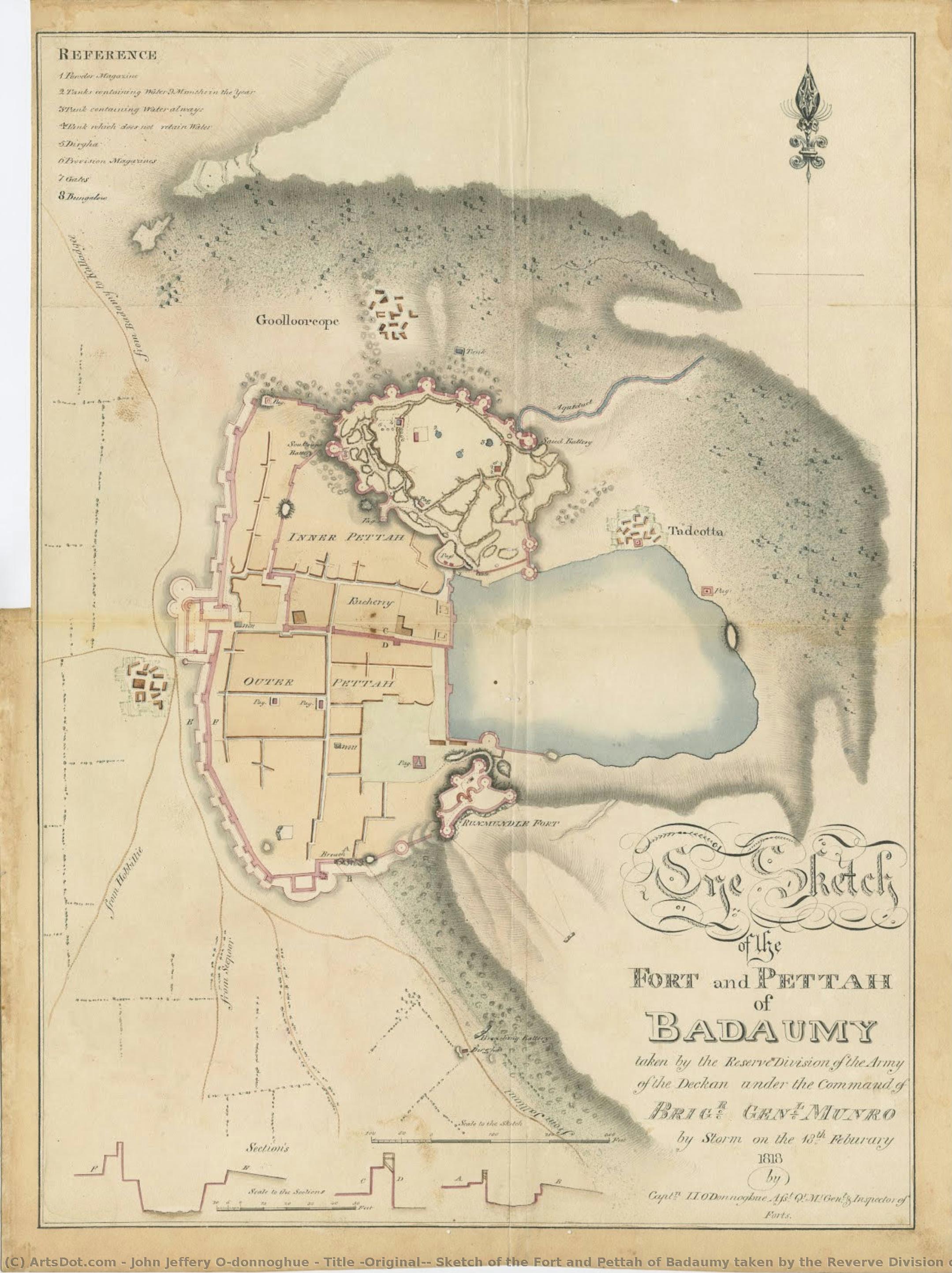 Title (original): Sketch Of The Fort And Pettah Of Badaumy Taken By The Reverve Division Of The Army Of The Deckan Under The Command Of Brigr. Genl. Munro By Storm On The 18th February 1818. — John Jeffery O'donnoghue