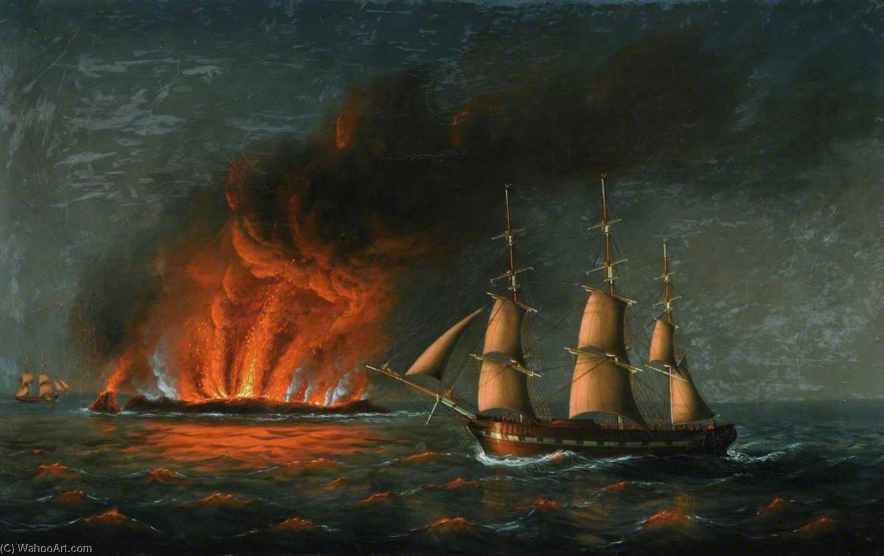Volcanic Island Exploding With Three Masted Vessel Standing Off — Philip John Ouless