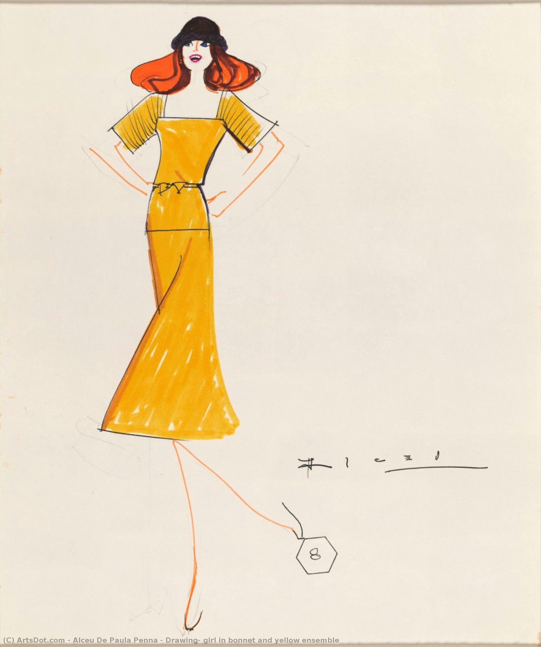 Drawing, Girl In Bonnet And Yellow Ensemble — Alceu De Paula Penna