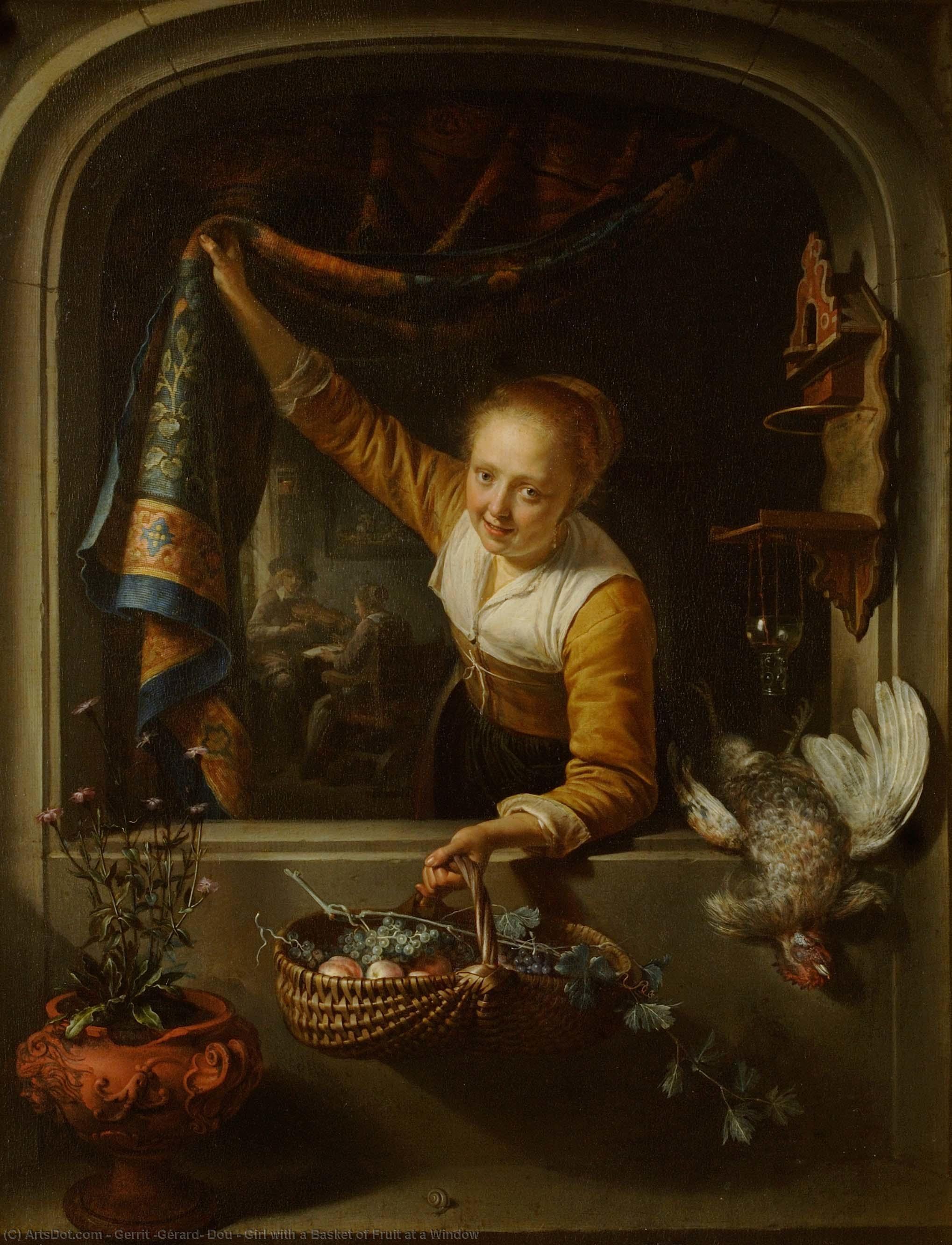 Girl With A Basket Of Fruit At A Window — Gerrit Dou