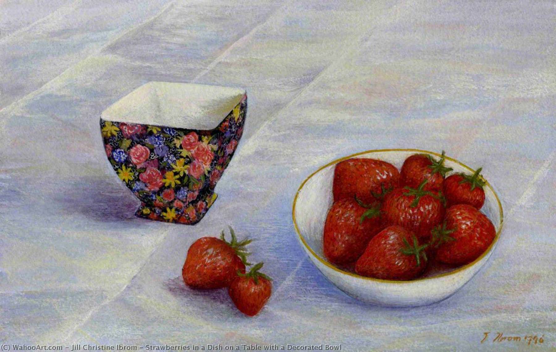Strawberries In A Dish On A Table With A Decorated Bowl — Jill Christine Ibrom
