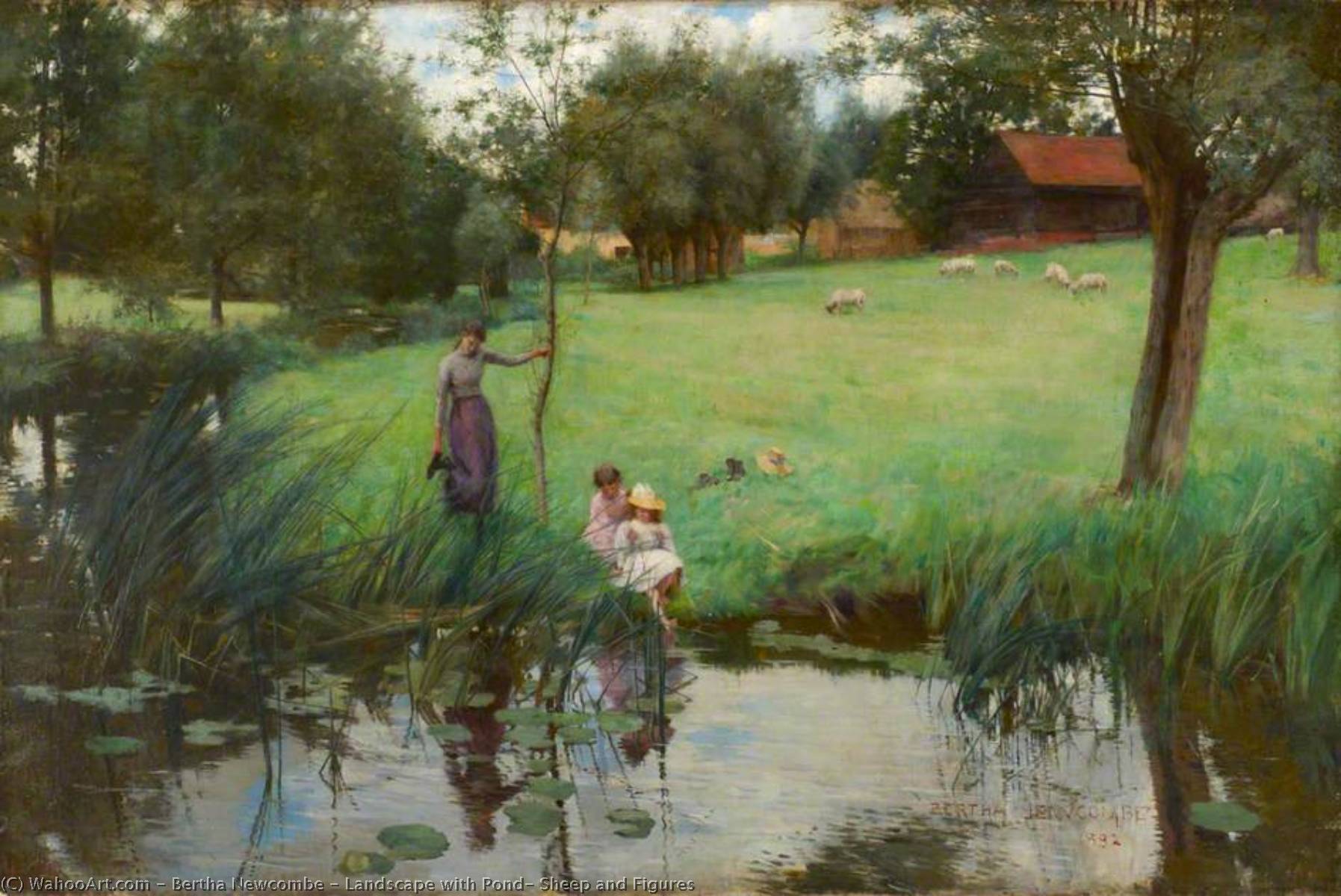 Landscape With Pond, Sheep And Figures — Bertha Newcombe