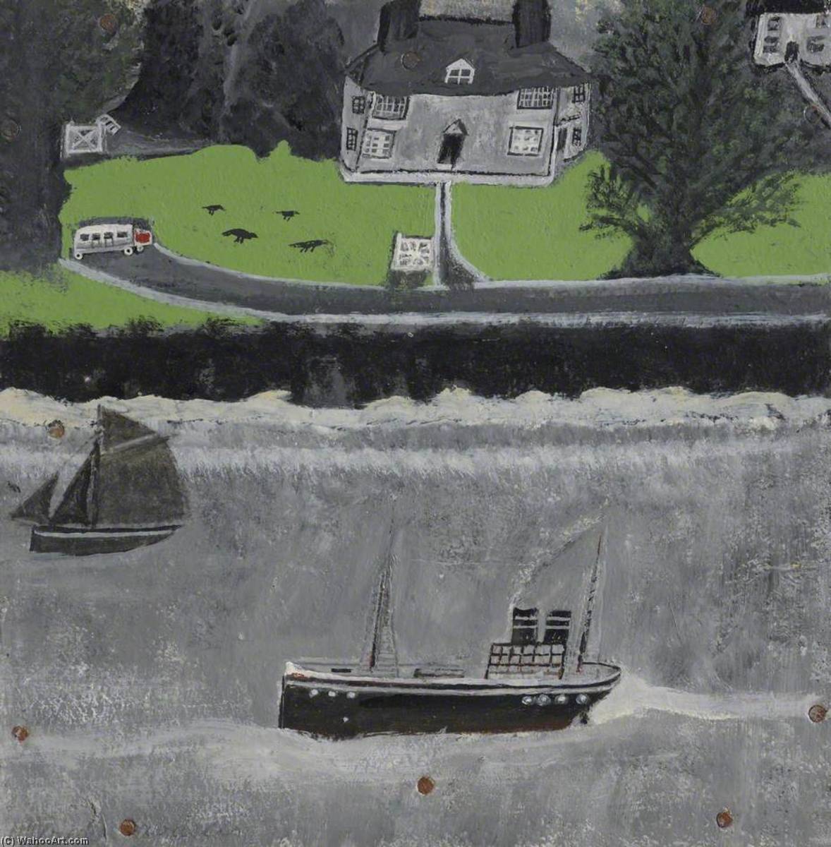 Dos Barcos Pasando Por Una Casa Grande — Alfred Wallis