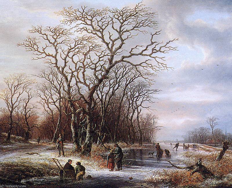 Scaters On Frozen Canal Sun — Andreas Schelfhout