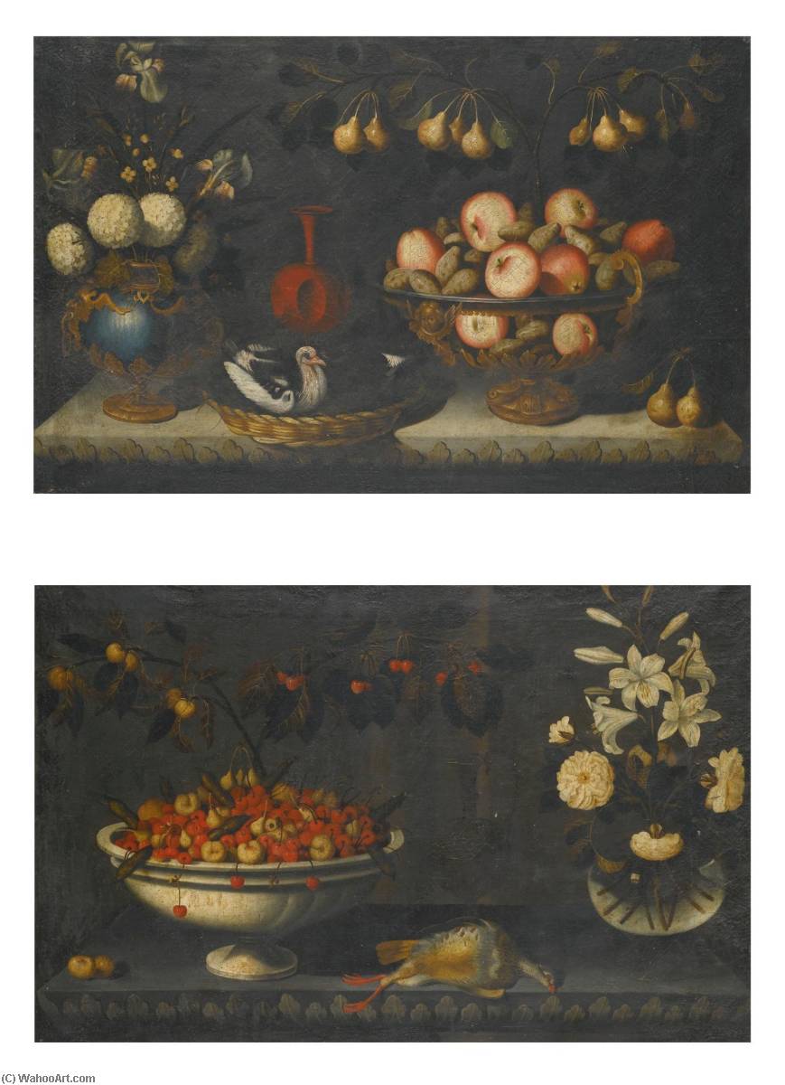Still Life With Flowers In A Gilt Mounted Bluestone Vase And A Bowl Of Apples With A Sprig Of Pears Still Life With A Bowl Of Cherries And Other Fruit, A Glass Vase Of Lilies To The Right — Bernardo Polo