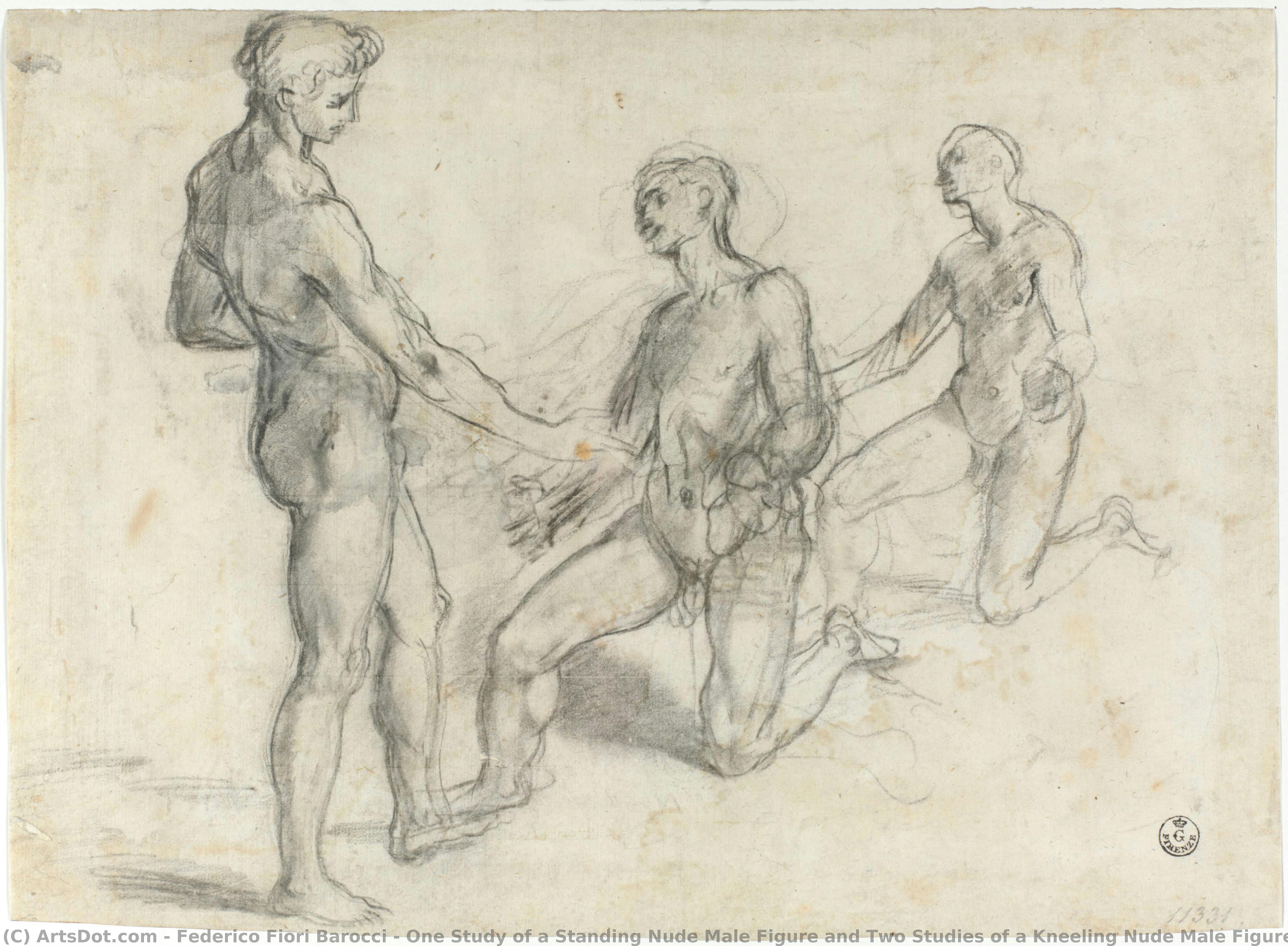 One Study Of A Standing Nude Male Figure And Two Studies Of A Kneeling Nude Male Figure (for “calling Of Saint Andrew”, Bruxelles, Musées Royaux Des Beaux-arts De Belgique) — Federico Fiori Barocci