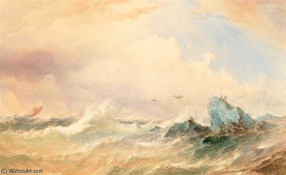 Sailing Vessel In Squally Seas Off A Rocky Coast — Thomas Sewell Robins