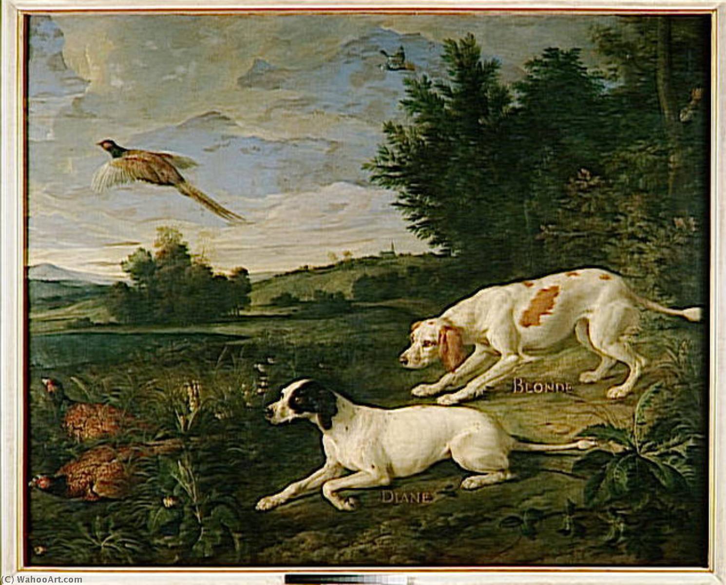 Diane Et Blonde, Chiennes De La Meute De Louis Xiv, Chassant — Alexandre-françois Desportes