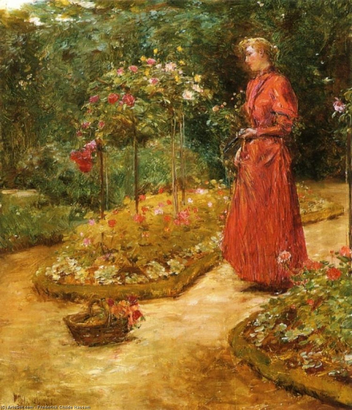 Woman Cutting Roses In A Garden — Frederick Childe Hassam