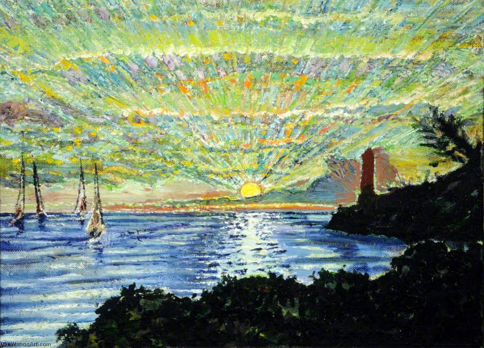 Sunrise Over The Sea By Solomon's Lighthouse And Two Fishing Boats — Francis Ferdinand Maurice Cook