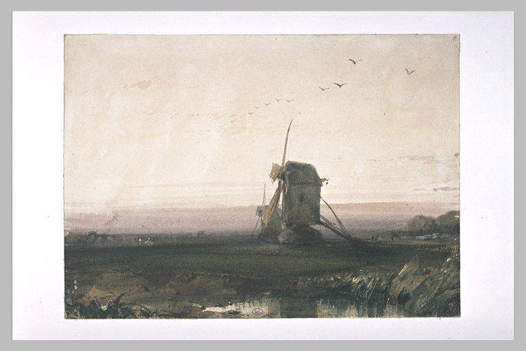 Landscape With Two Mills At Sunset — Richard Parkes Bonington