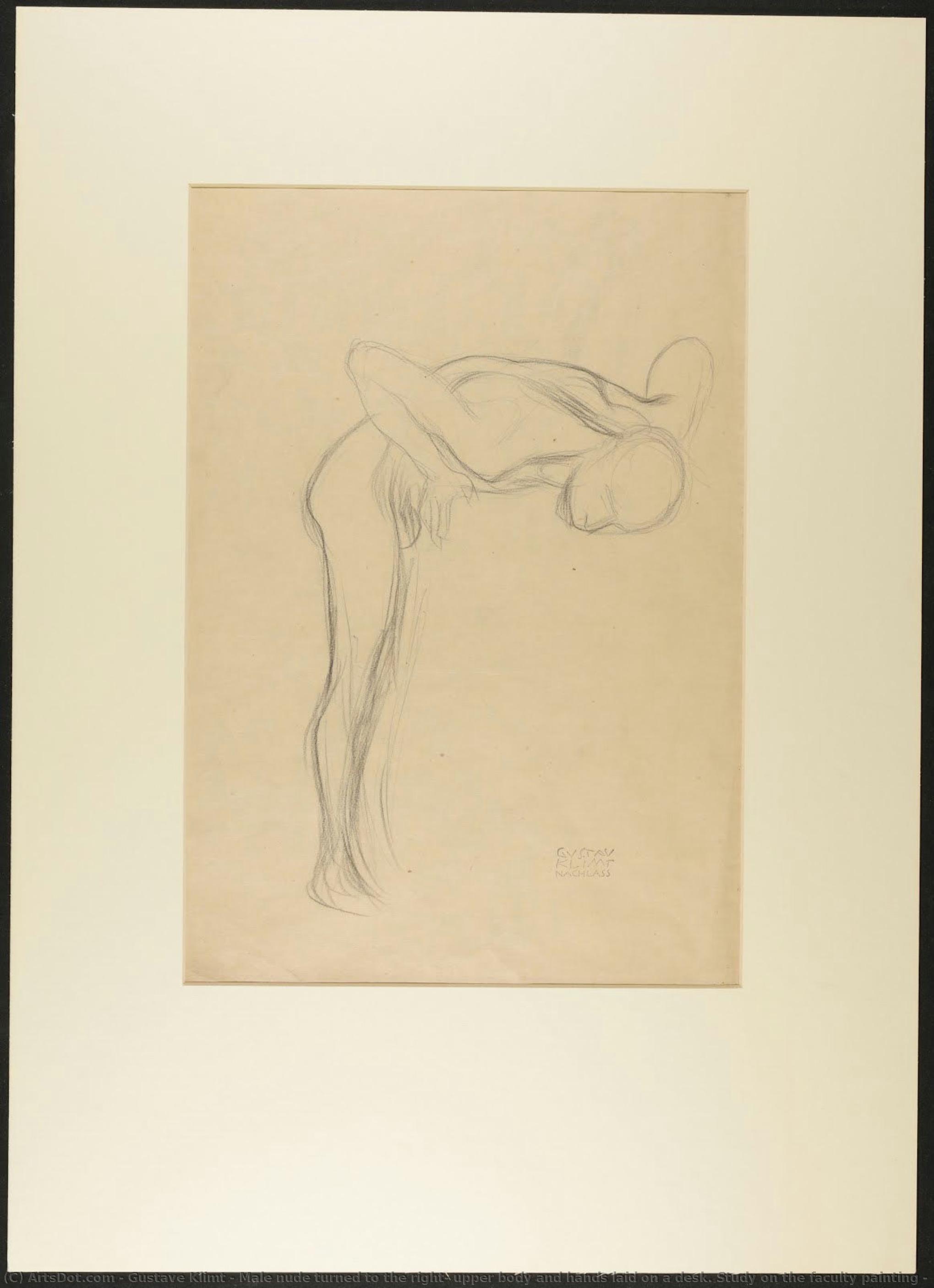 Título Traducido: Hombre Desnudo Girado Hacia La Derecha, Cuerpo Superior Y Manos Sobre Un Escritorio. Estudio Para La Pintura De Derecho. — Gustav Klimt