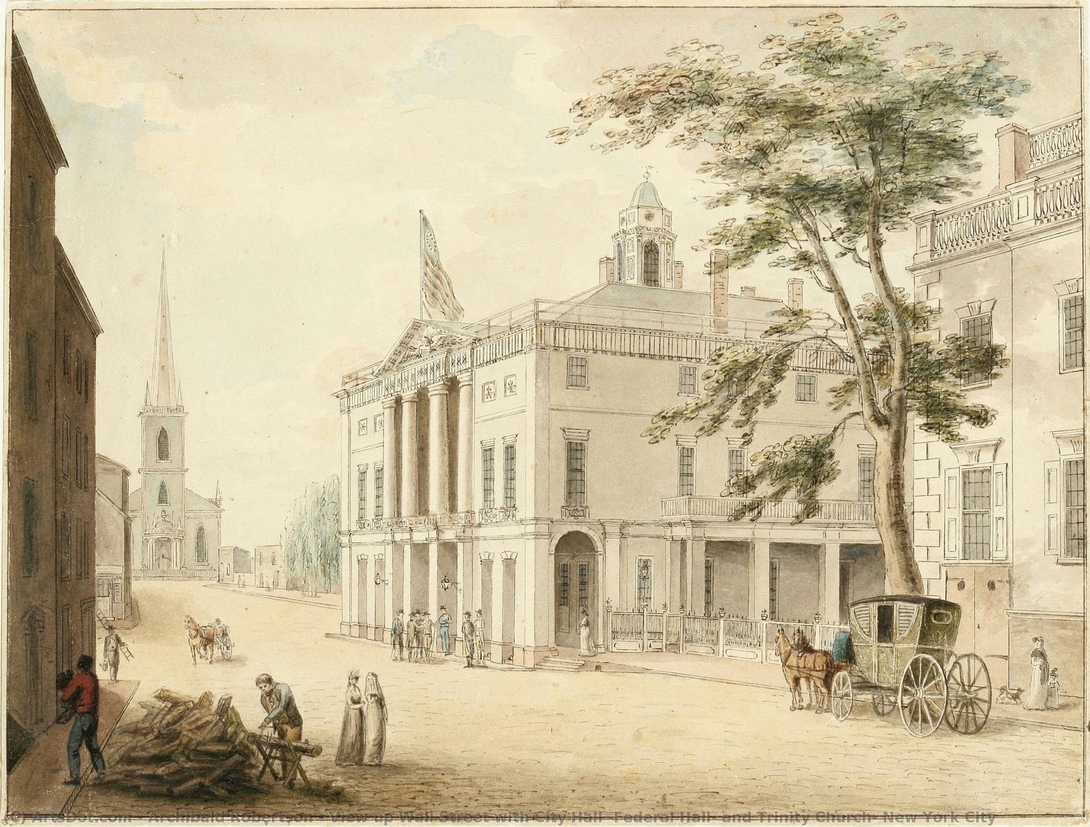 View Up Wall Street With City Hall [federal Hall] And Trinity Church, New York City — Archibald Robertson