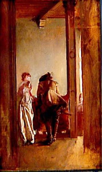 Le Dernier Adieu Au Chevalier, Dit Aussi Cavalier Et Jeune Femme Regardant Du Haut D'un Escalier — Jean-louis Ernest Meissonier