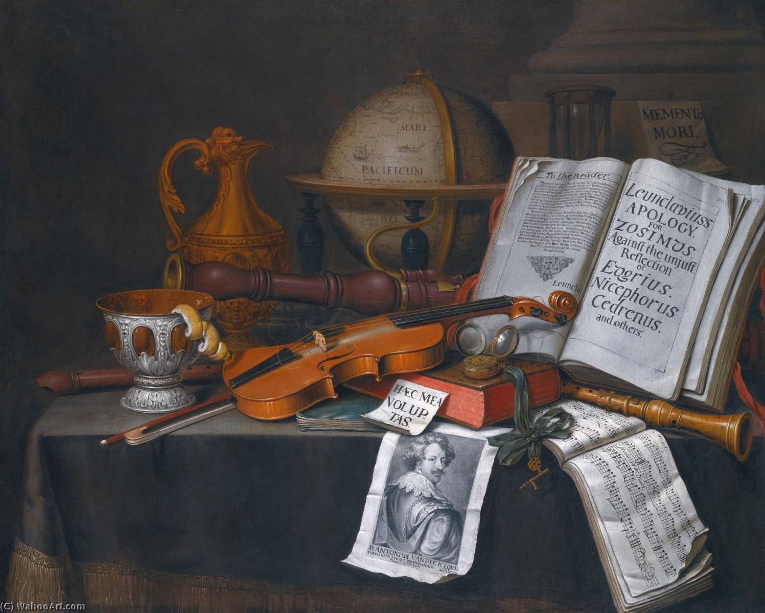 Vanitas Still Life With A Globe, A Violin And Bow, Lemon Peel, A Recorder, A Musical Score, An Open Book, An Hour Glass And Other Objects — Edwaert Collier