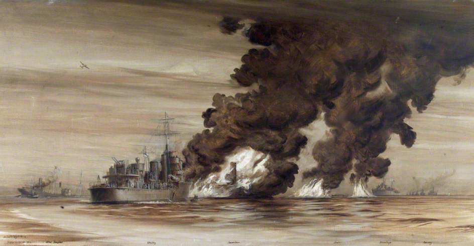 Hms 'whitley' Coming To The Rescue Of 'mv Inverlane', Badly Damaged And On Fire After The Convoy Entered A Mine Field In The North Sea, 14 December 1939 — Harold Wyllie