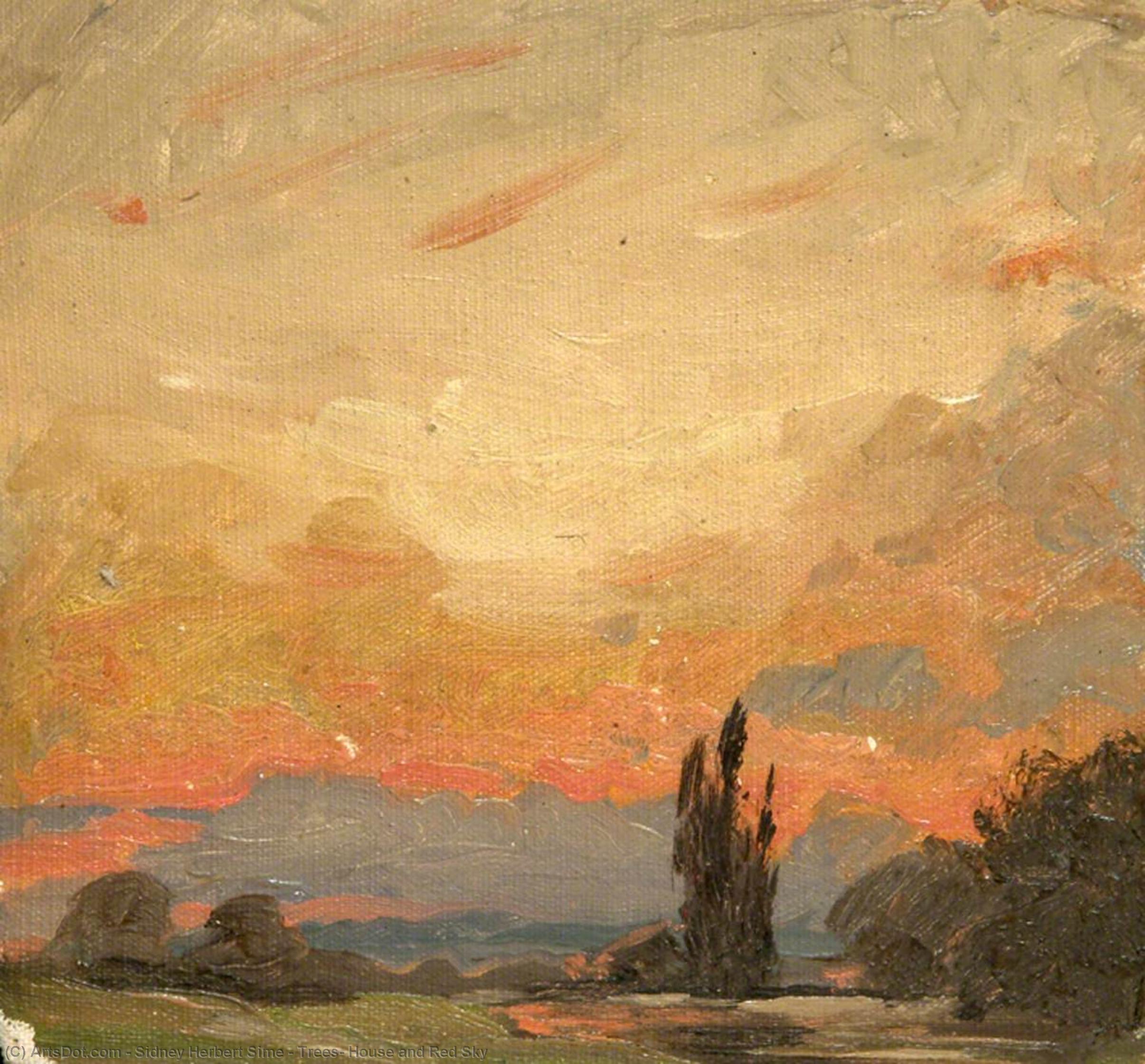 Trees, House And Red Sky — Sidney Herbert Sime