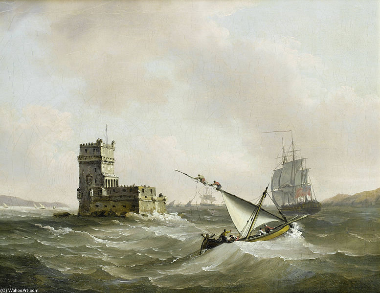 An English Frigate In Choppy Waters In The Tagus Passing The Belem Tower — John Thomas Serres